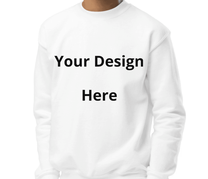White sweatshirt with 'Your Design Here' text on a white background