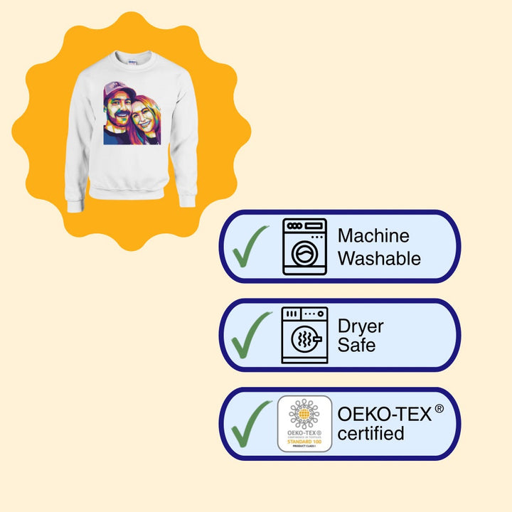 White sweatshirt with printed design on a beige background with washing and certification icons.