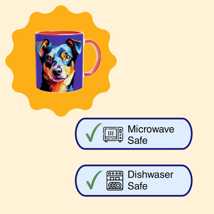 Mug with dog illustration and safety certification labels on a beige background