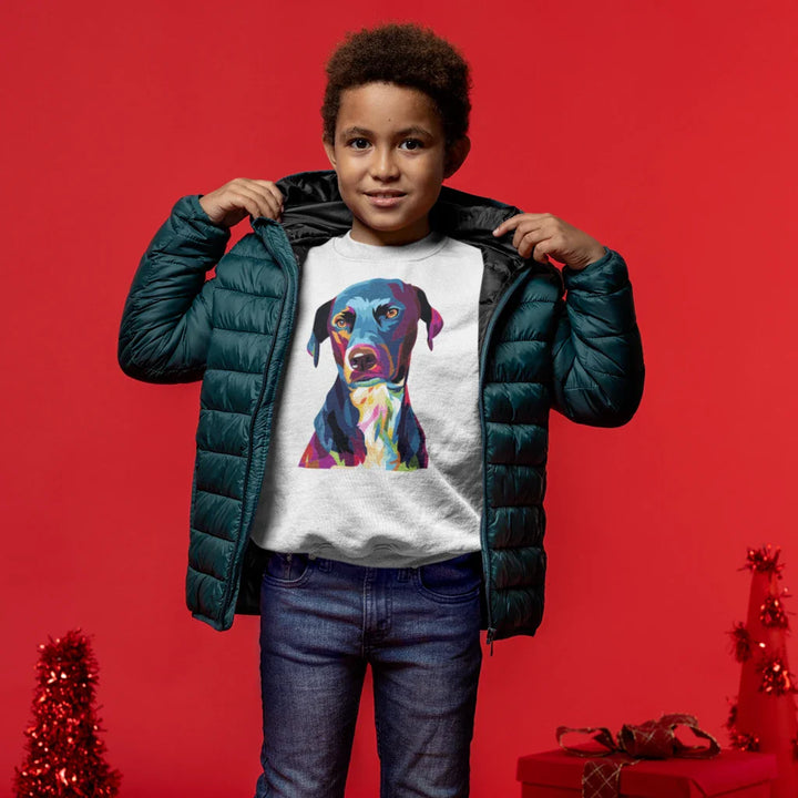 Child wearing a colorful dog graphic t-shirt with a green puffer jacket on a red background